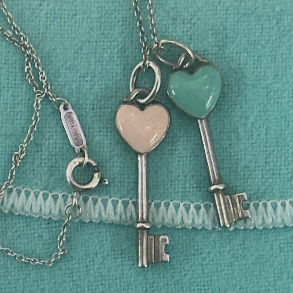Tiffany & Co. Silver Necklace with Pink and Blue enamel keys. Mini size .
